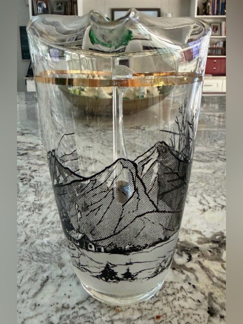 Vtg MCM Glass Pitcher Black Winter Tree Mountain Scene Gold Rim Ice Lip 7” - Picture 8 of 12